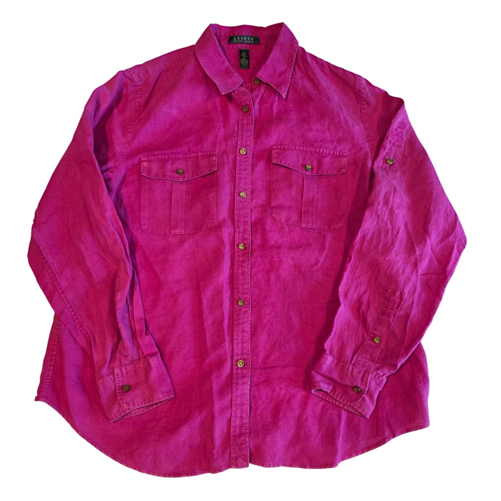 Lauren Ralph Lauren Pink Linen Button Down Shirt Crown Crest Buttons Large